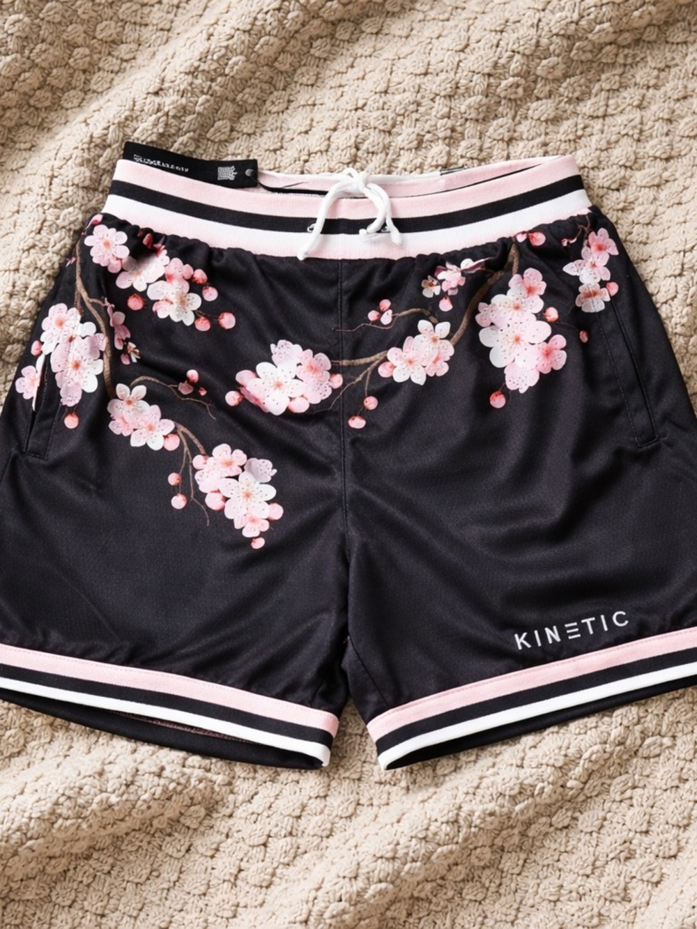 Kinetic Men's Black Athletic Shorts with Pink Cherry Blossom Print